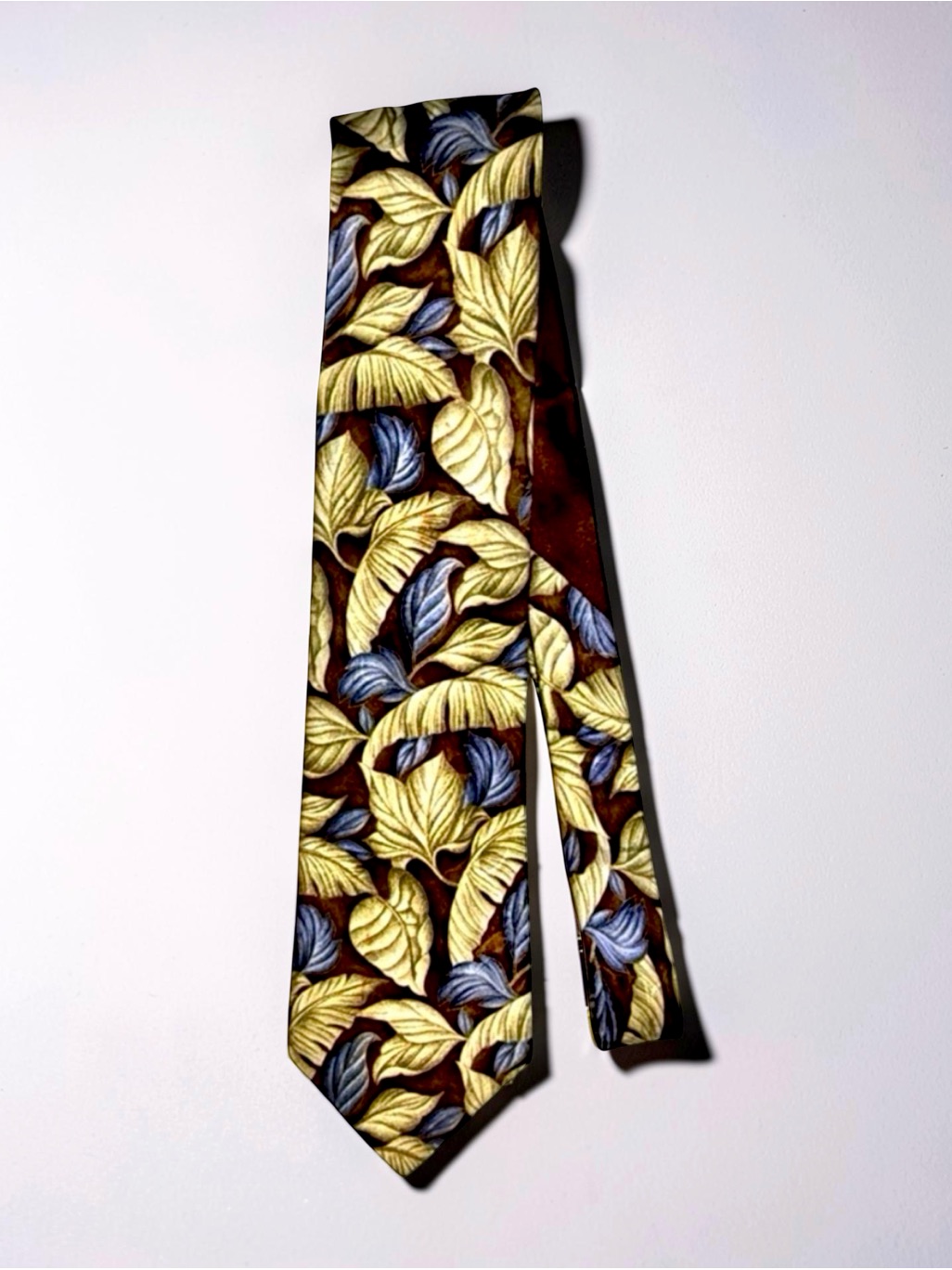 Bijan Tie | Made In Italy | Botanical Leaf Print | Brown Gold Blue | Lux Necktie